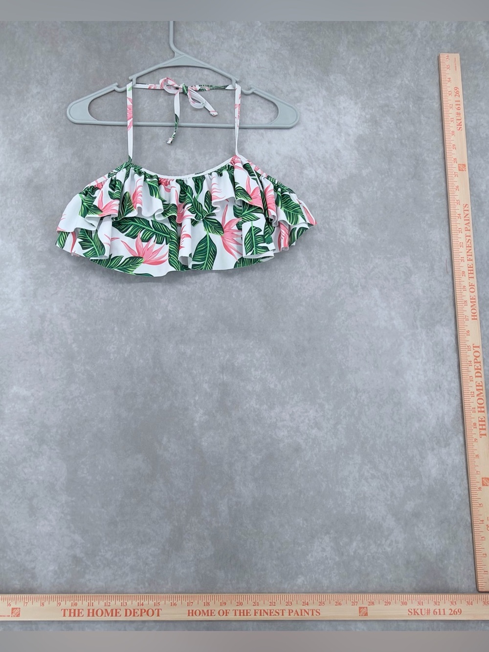 Tropical Ruffle Bikini Top - White with Pink & Green Leaves medium